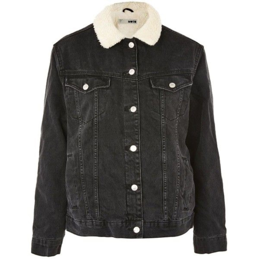 Topshop Moto Borg Collar Black Denim Jacket - Size US 2